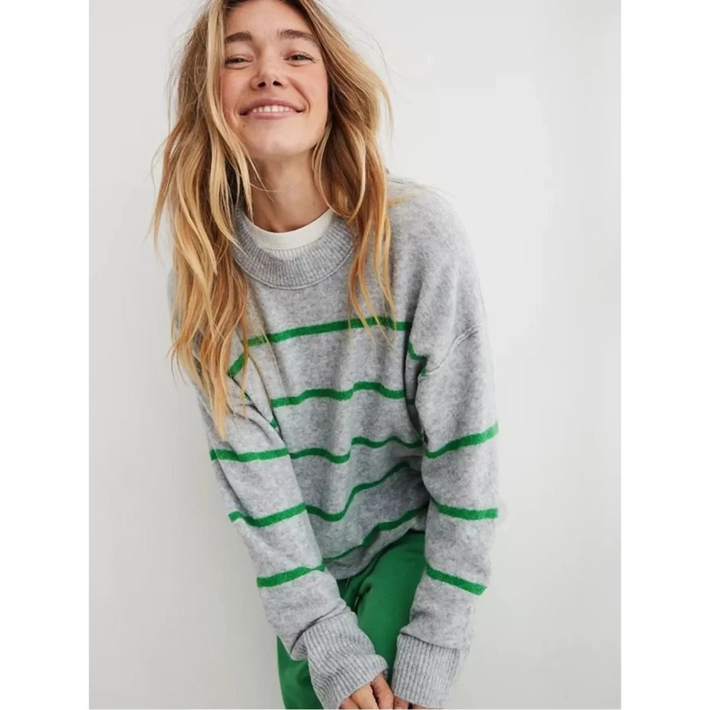 EUC Aerie campfire sweater grey green stripe oversized stretch SOFT size S
